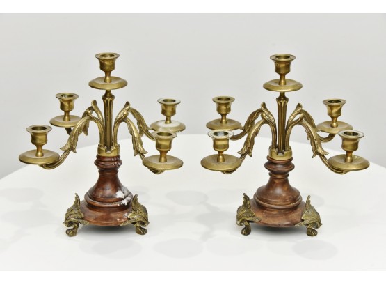 Pair Of 5 Light Candelabras With Brass Feet