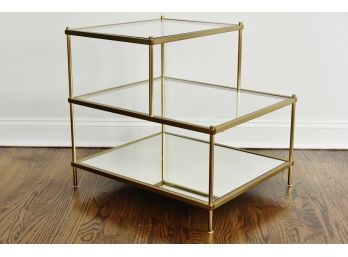 Tow Tier Brass And Glass Side Table With Mirrored Bottom Shelf