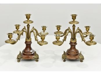 Pair Of 5 Light Candelabras With Brass Feet