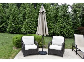 Pair Of Brown Jordan Wicker Chairs With Umbrella And Base