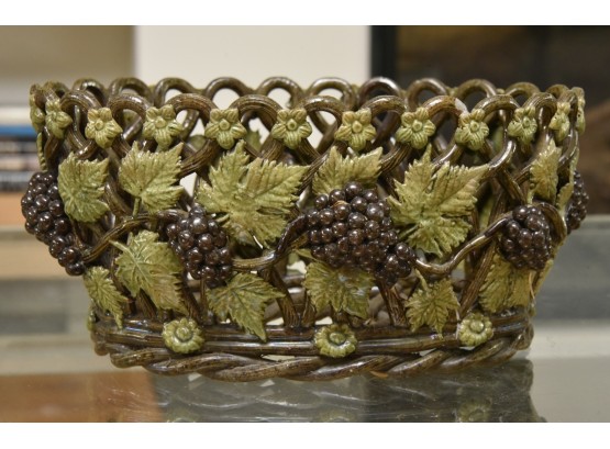 Ceramic Weave Basket With Grape Leaves And Clusters