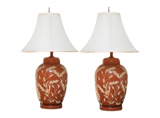 Pair Of 29 Inch Orange Asian Lamps