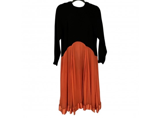 Geoffrey Beene Design Orange And Black Long Sleeve Chiffon And Silk Evening Dress - Size 10