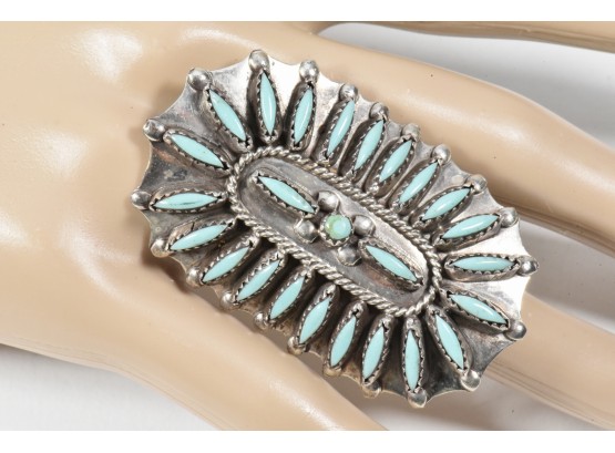Silver And Turquoise Oblong Cluster Ring