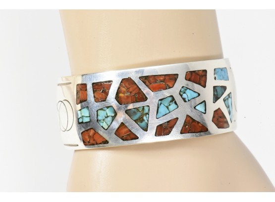 Vintage Silver Navajo Inlaid Turquoise Cuff Bracelet