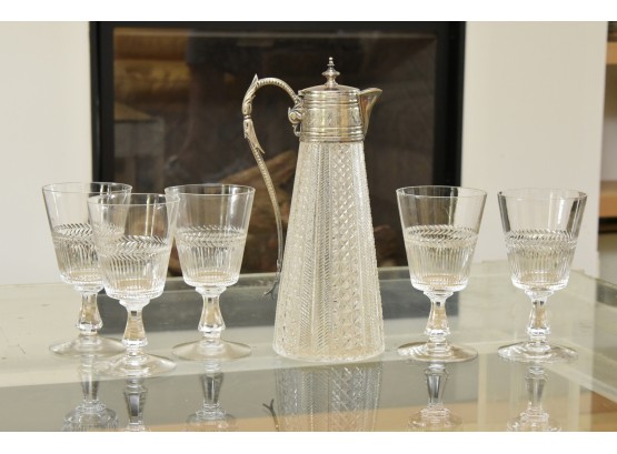 Wine Glasses And Silver Plated Covered Pitcher