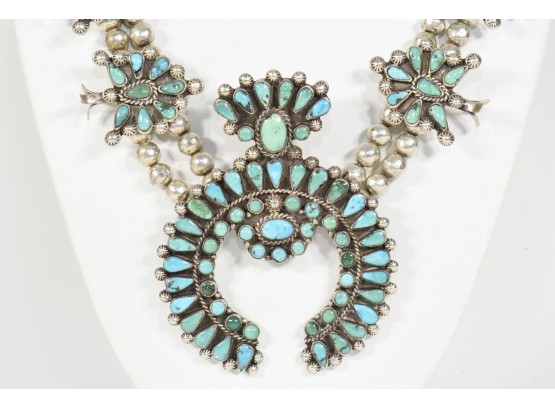 Intricate Vintage Navajo Needlepoint Turquoise Squash Blossom Naja Necklace