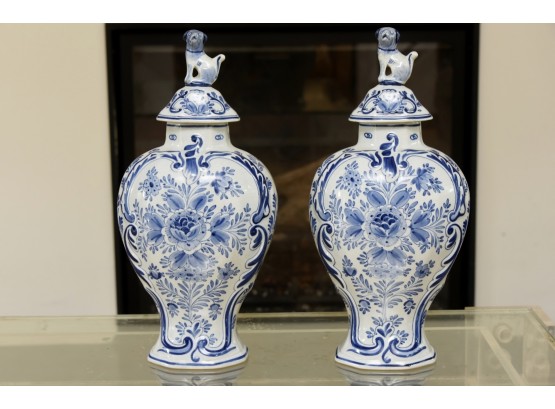 Pair Of Delft Foo Dog Covered Vases