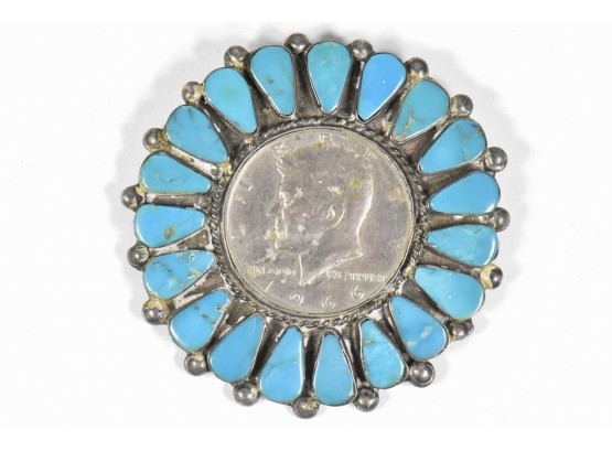 Vintage Navajo Kennedy Coin Teardrop Turquoise Cluster Pin
