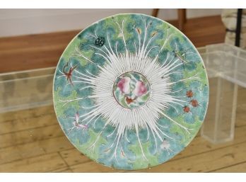 Antique Chinese Famille Verte Lucky Symbols Insect Plate Shows Repair