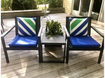 Crate And Barrel Chairs With Side Table And Royal Blue Cushions