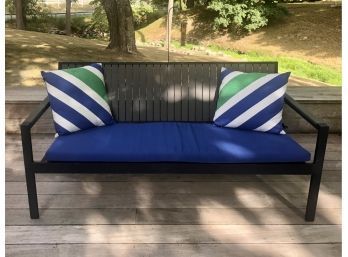 Crate And Barrel Bench And Royal Blue Cushions And Accent Pillows
