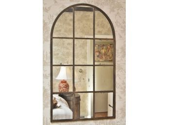 Antique Hammered Metal Arch Top Framed Pane Wall Mirror