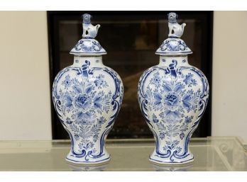 Pair Of Delft Foo Dog Covered Vases