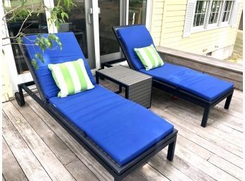 Crate And Barrel Chaises With Side Table And Royal Blue Cushions And Accent Pillows