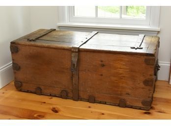 Antique Irish Wooden Travel-Storage Trunk With Hammered Metal Straps