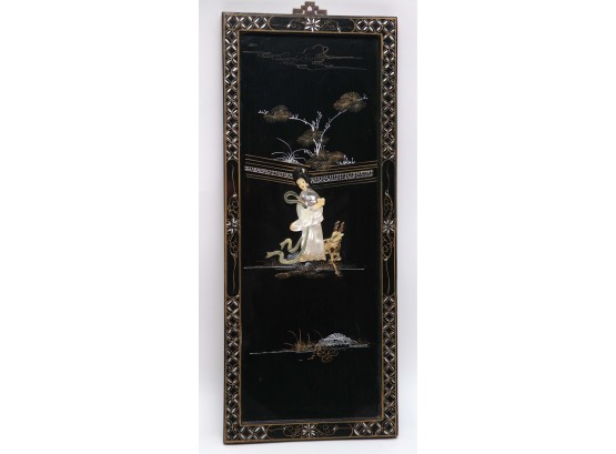 Mother Of Pearl Inlay Black Oriental Lacquer Asian Wall Panel