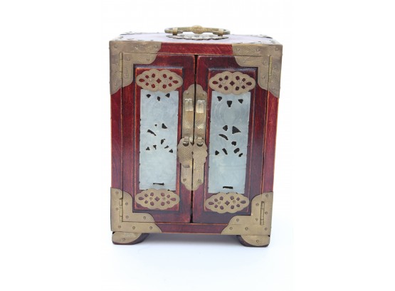 Chinese Rosewood Jewelry Box With Brass Fittings & Reticulated Jade Panel