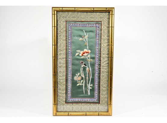 Silk Stitch Artwork With Textile Border In Bamboo Style Frame