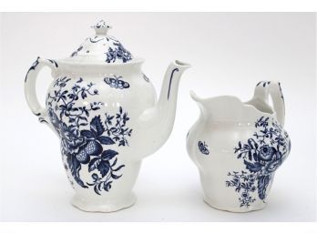 Lovely Blue And White  Peony Tea Pot And Creamer