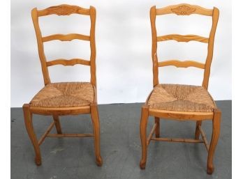 Pair Of Blonde Wood Ladder Back Rush Seat Side Chairs