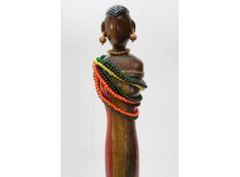 Hand Carved Wood Tribal Figurine With Beads And Earrings Made In India