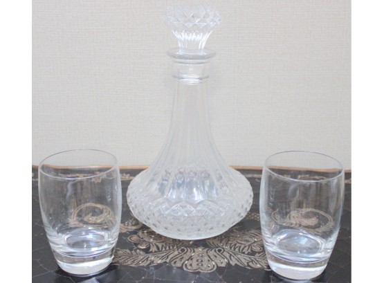 Glass Decanter And Two Drinking Cups