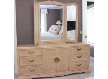 Hand Carved Wooden Dresser With Gold Tone Handles And Mirror