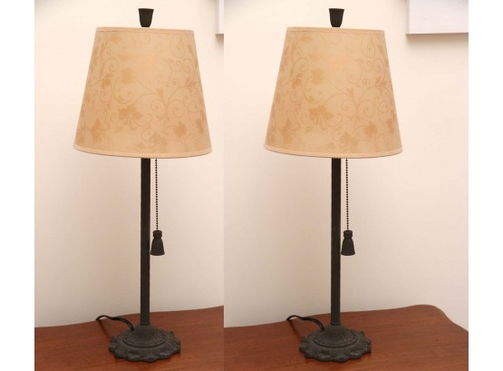 Pair Of Black Metal Table Lamps With Pull Chain