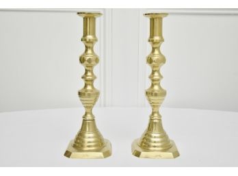 Solid English Beehive And Diamond Design Brass Candle Sticks With Push-up - 1042 Grams