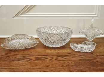 Four Piece Cut Glass Set Including Extra Thick And Heavy Bowl