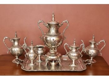 Antique Ornate Meriden Britannia Company Grand Seven Piece Silver Plated Samovar Coffee And Tea Serving Set