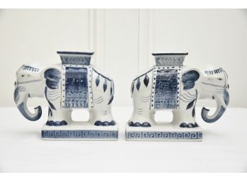 Pair Of Blue And White Ceramic Elephant Vases