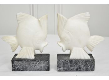 Pair Of Alabaster Fish Bookends On Marble Base