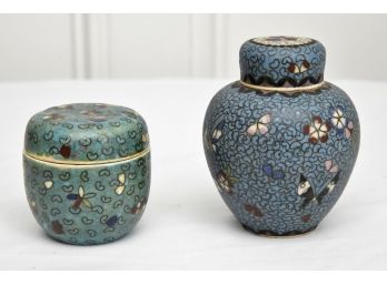 Pair Of Small Hand Painted Lidded Jars