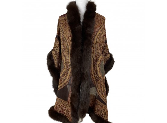 Stunning Tapestry Cap Shawl With Fur Trim