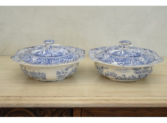 Pair Of Blue And White Mid Winter Covered Dishes