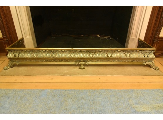 Antique French Tobacco Leaf Lion Foot Brass Fireplace Curb