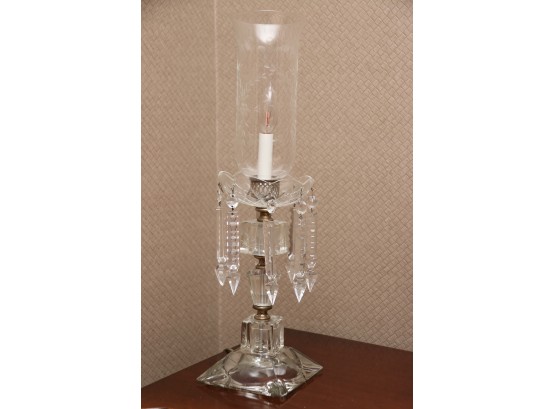 Vintage Etched Glass Drop Crystal Hurricane Lamp