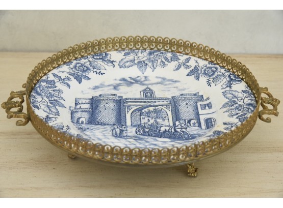 Brass Filagree Pedestal Blue And White Dish