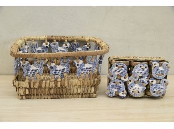 Blue And White Rooster Napkin Holder With Matching Napkin Rings