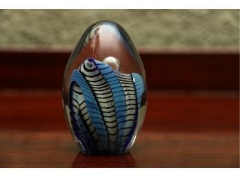 Robert Eickholt Ocean Blue Striped Egg Paperweight Signed By Artist