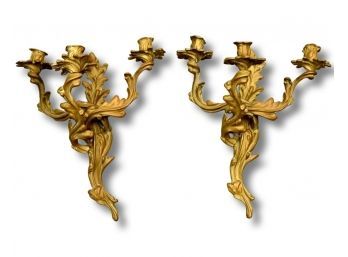 Pair Of Brass Louis XV Style, Three-Light Candle Wall Sconces