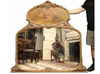 Antique French Giltwood Trumeau Mirror With Oil Painting