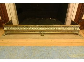 Antique French Tobacco Leaf Lion Foot Brass Fireplace Curb
