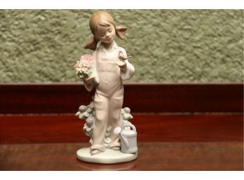 Lladro Girl With Flowers And Bird