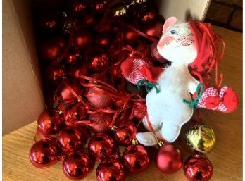 Collection Of Red & Gold Ornaments With Annalee Christmas Kitten