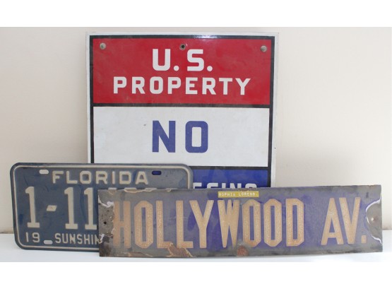 Trio Of Vintage Street Signs & License Plate