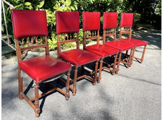 Set Of 5 Vintage Red Leather Nail Head Dining Chairs