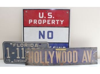 Trio Of Vintage Street Signs & License Plate